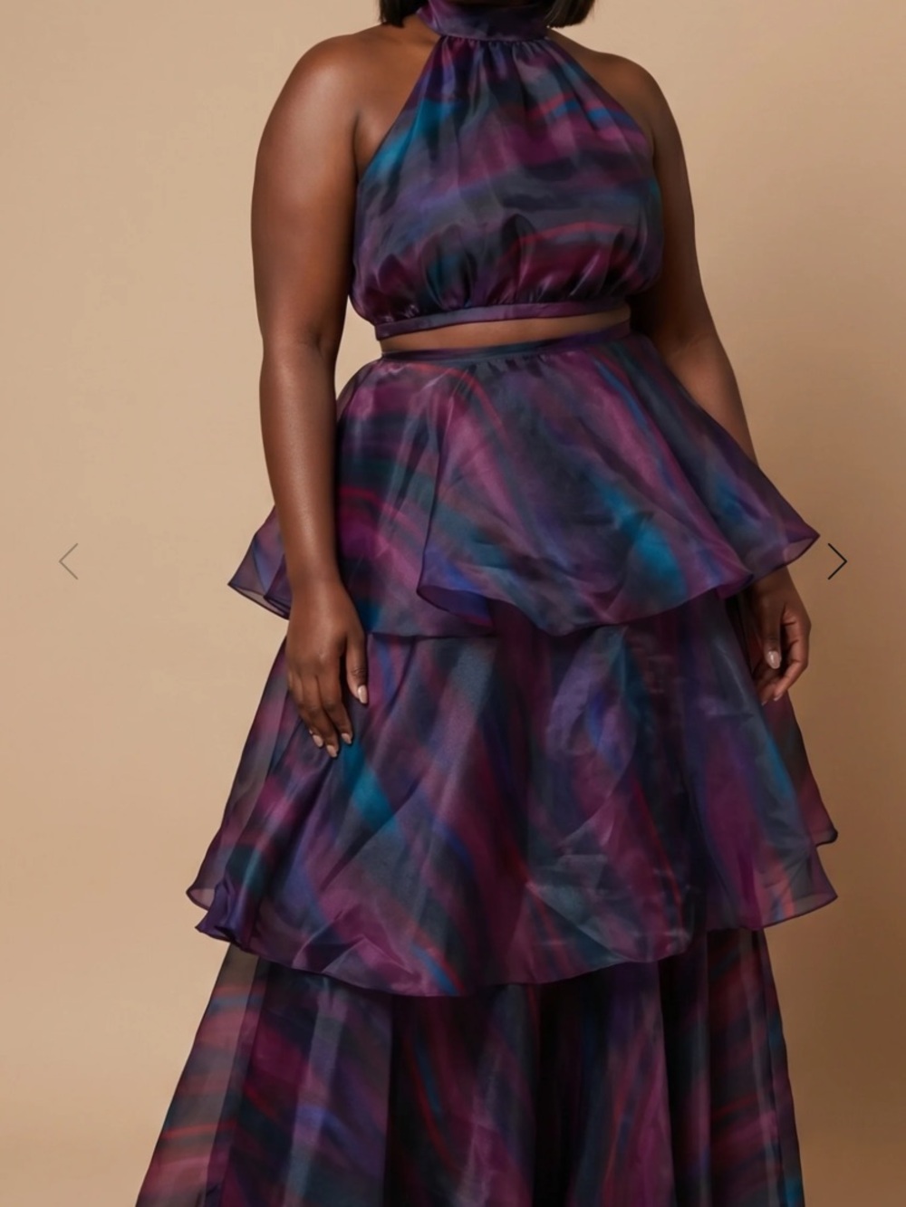 YAURA Faari Two-Piece Set Purple Aquarelle Crop Top & Tiered Maxi Skirt UK 14